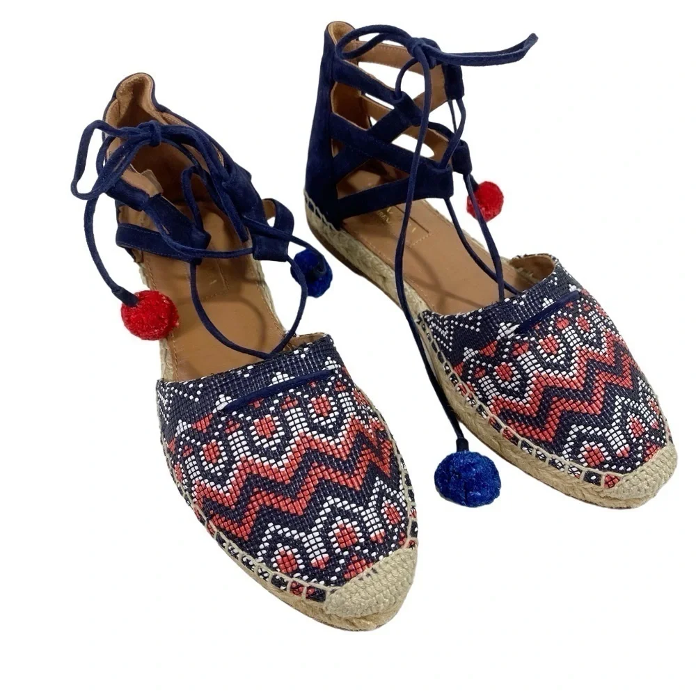 AQUAZZURA Belgravia Blue Suede Pom Pom Raffia Embroidered Woven Espadrilles
